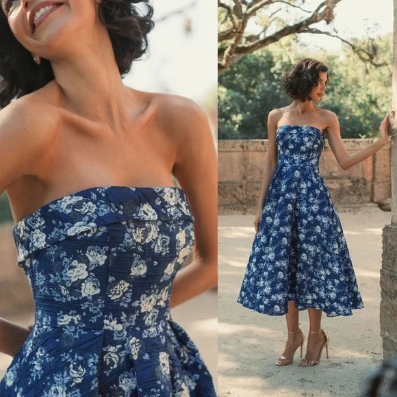 NWT Mac Duggal Blue Strapless Floral Brocade Fit & Flare Midi Dress - Size  6 - www.joarbit.com